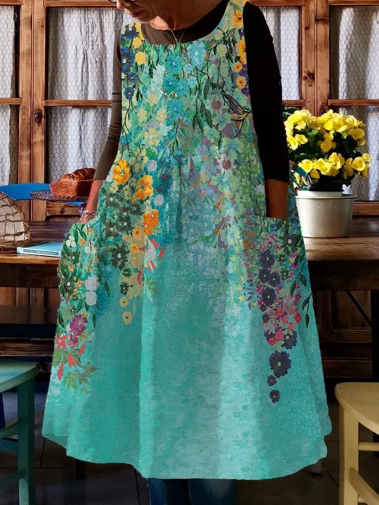 Green Floral Art Print Pinafore Midi Dress
