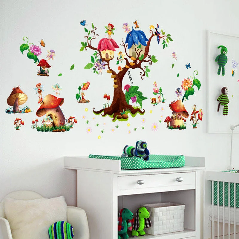 Butterfly Flower Fairy Laraine Wall Stickers Tree and Mushroom Green Leaf Stickers for Kids Room Girls Room Living Room Bedroom