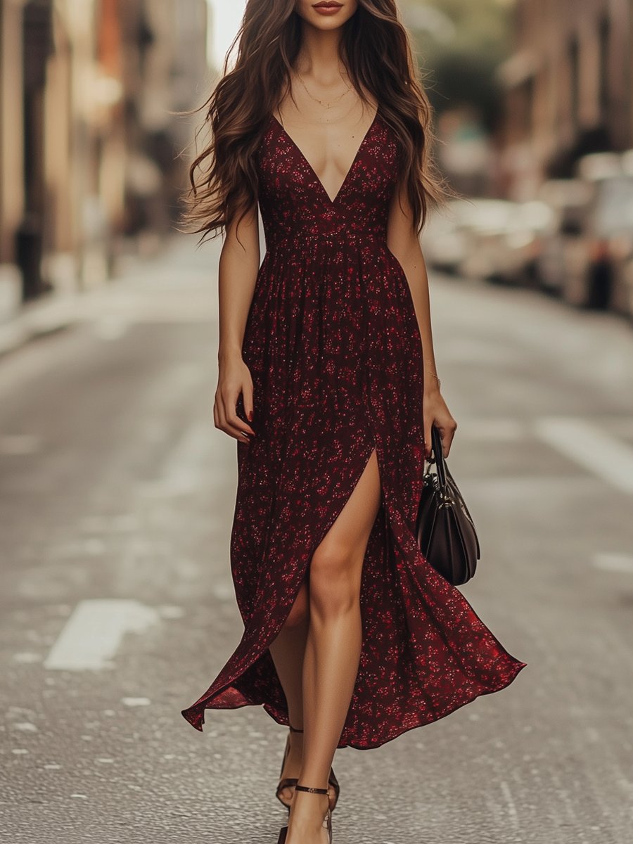 Elegant Burgundy Deep V Floral Slit Mid Length Dress