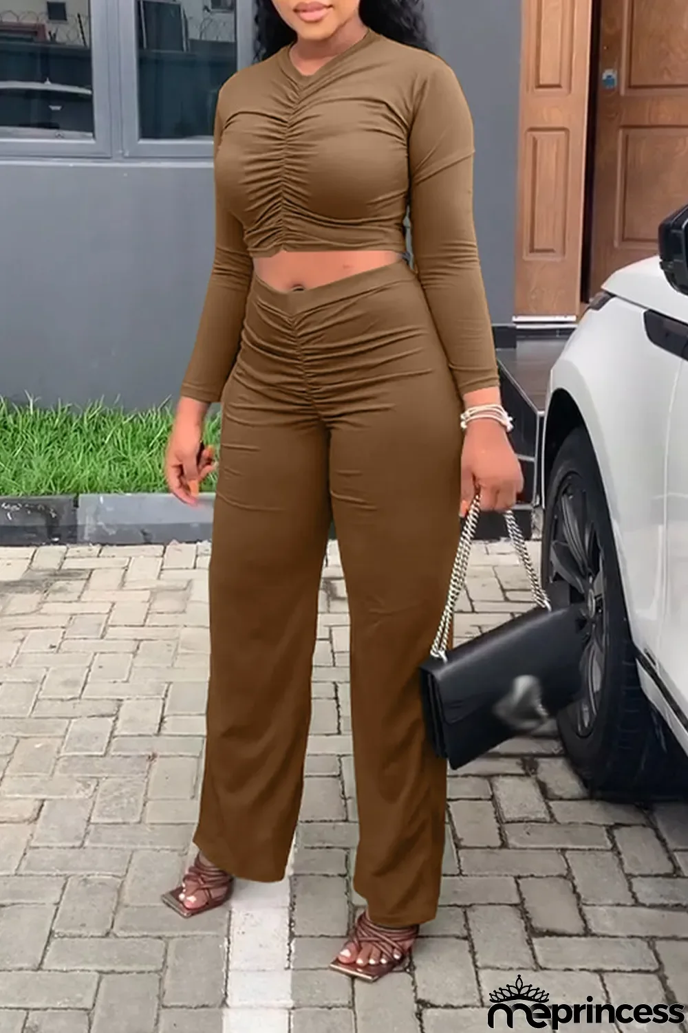 Orange Fashion Solid Fold V Neck Long Sleeve Two Pieces