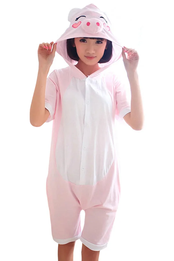 Pink Womens Pig Cotton Jumpsuit Romper Pajamas Animal Costume-elleschic