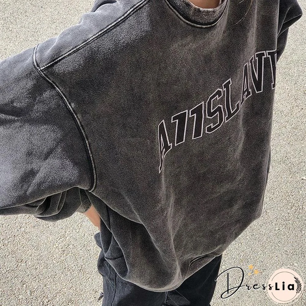 Harajuku Grunge Grey Sweatshirts Women Oversize Streetwear Pullover Hoodies Letter Print Retro Long Sleeve Top Fashion
