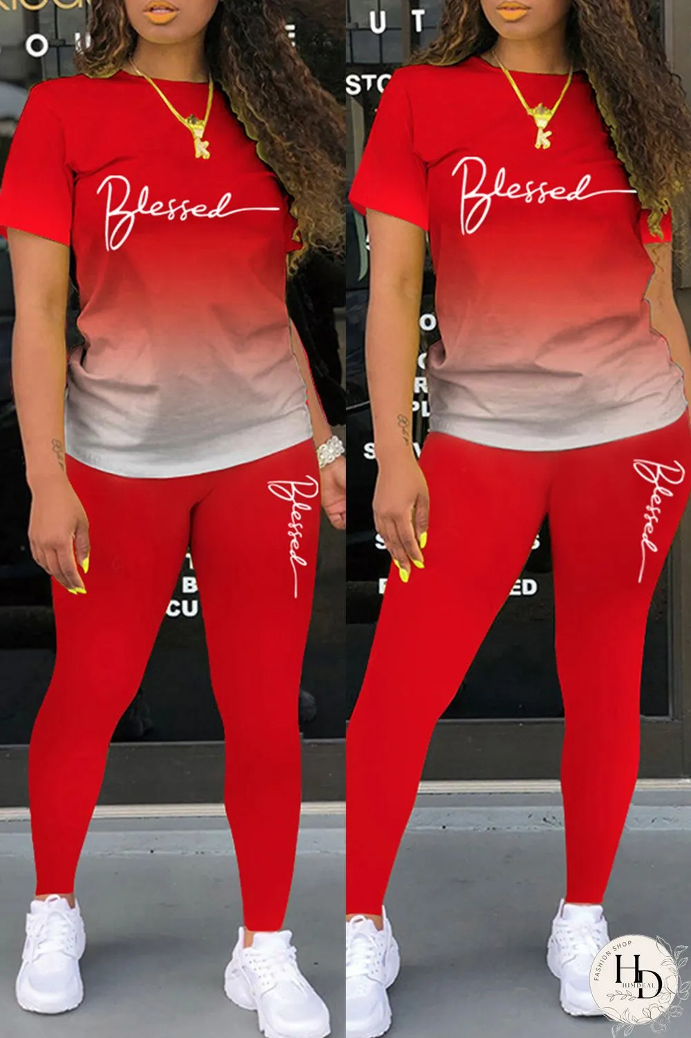 Red Casual Letter Print Basic O Neck Short Sleeve Two Pieces