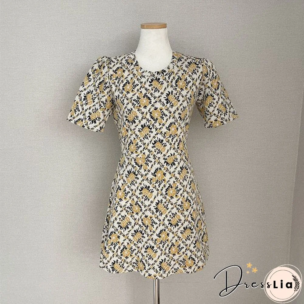 Fashion High Quality Floral Print Woman Dress O Neck High Waist Casual Korean Style Dresses For Women Short Sleeve Slim Vestido
