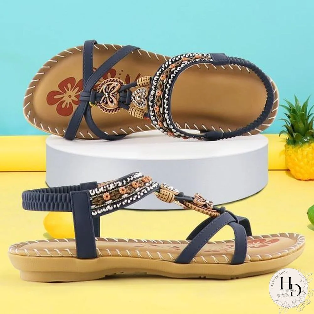 Retro Women's Sandals Fashion Flower Print Sewing Shoes Rhinestone Design Summer Sandals Soft Paltform Elastic Band Sandals