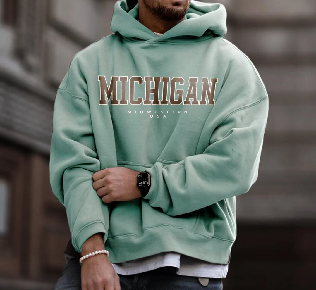Men's Oversized Vintage Michigan USA Casual Hooded Sweatshirt