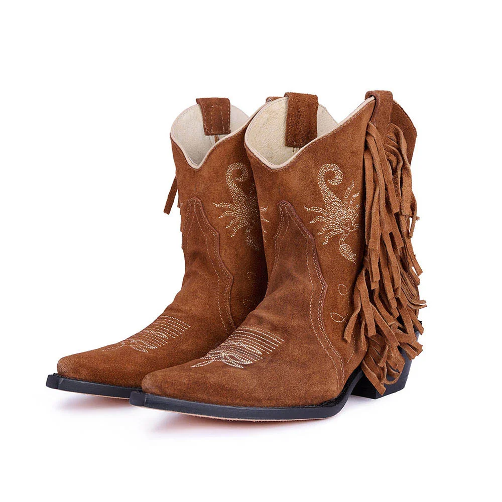 Brown Pointed Toe Scorpion Embroidery Chunky Heel Fringe Cowgirl Boots