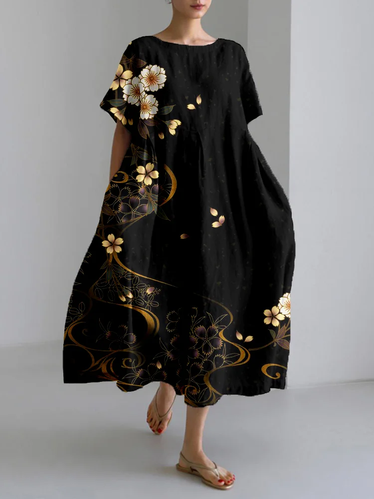 Comstylish Japanese Cherry Blossoms Art Linen Blend Maxi Dress