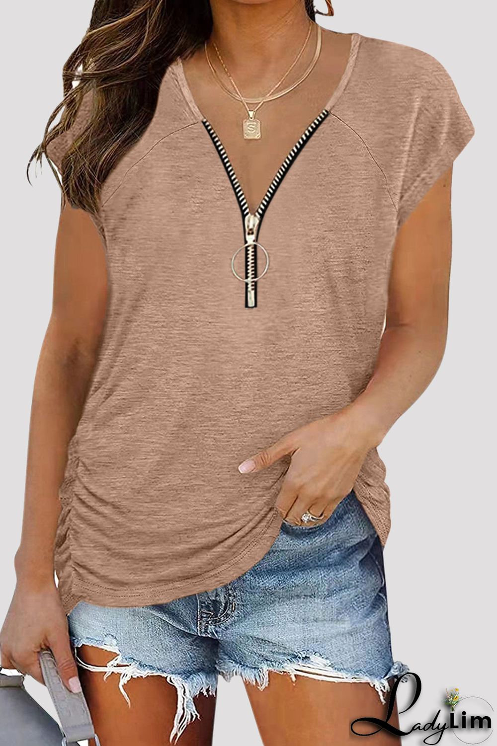 Grey Fashion Casual Solid Split Joint Zipper V Neck T-Shirts
