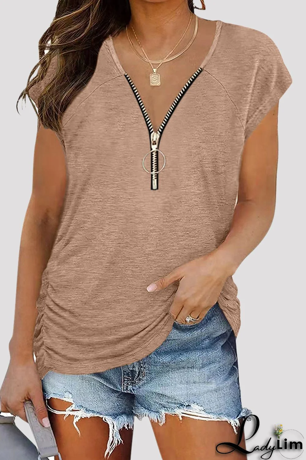 Grey Fashion Casual Solid Split Joint Zipper V Neck T-Shirts
