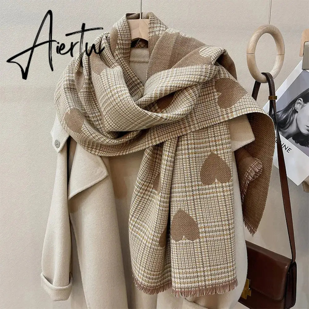 Double Side Cashmere Scarf Autumn Winter Women's Love Heart Plaid Fashion Ladies Long Thickened Warm Knitted Scarf Hijab Stole Aiertu