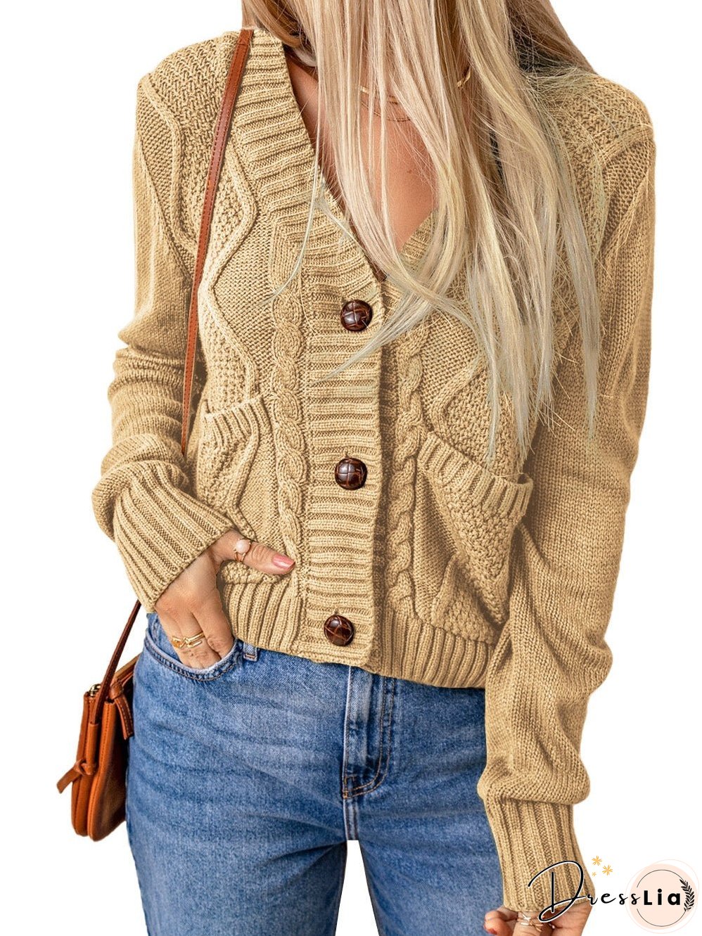 Cozy Beige V-Neck Knit Cardigan with Front Buttons