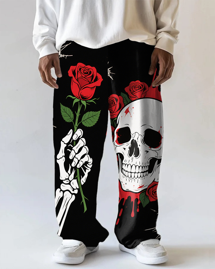 Men's Retro Skull with Rose Graffiti Printed Daily Casual Big and Tall Pants