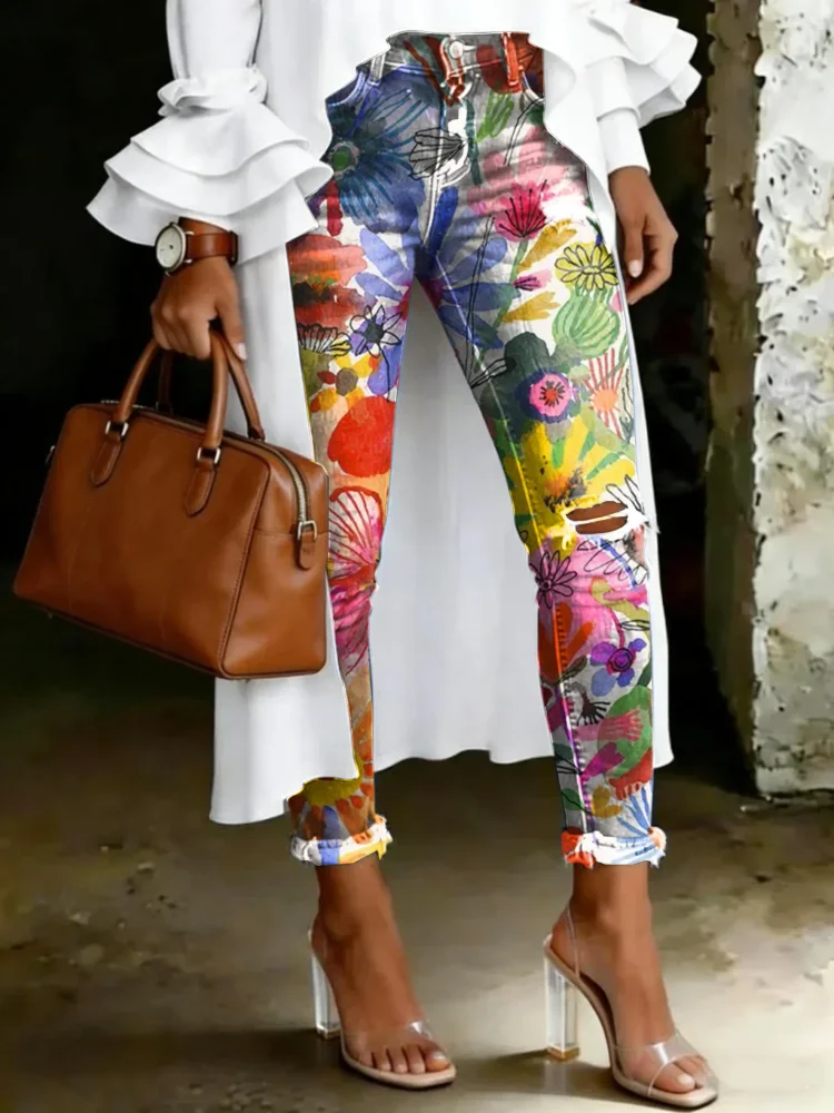 Women's Vintage Multicolor Floral Totem Print Casual High-waisted Ripped Skinny Jeans