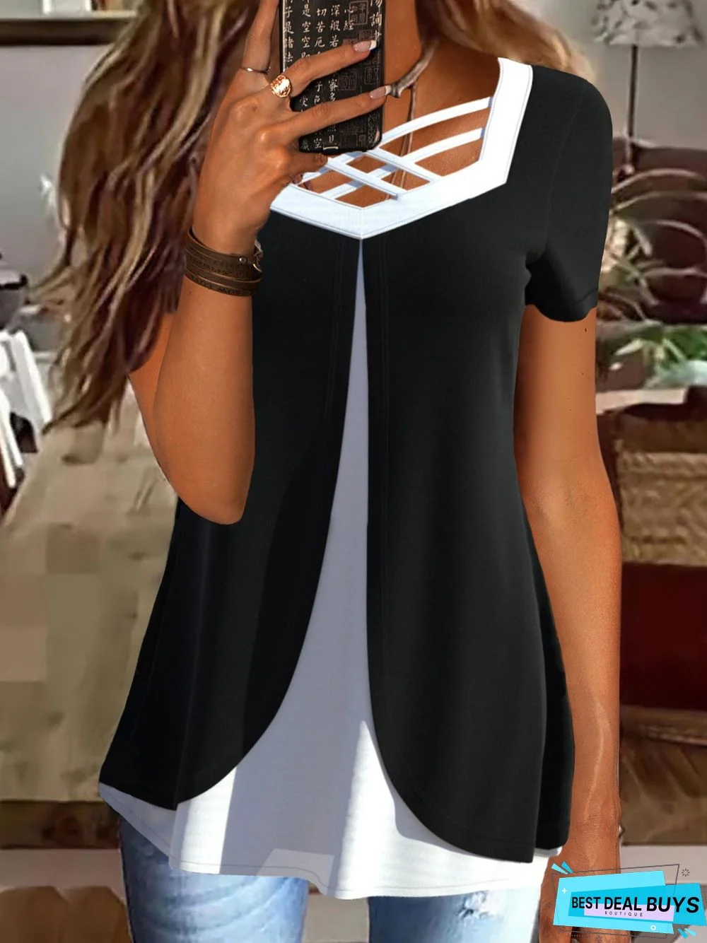 Casual Short Sleeve V Neck Top Tunic T-Shirt