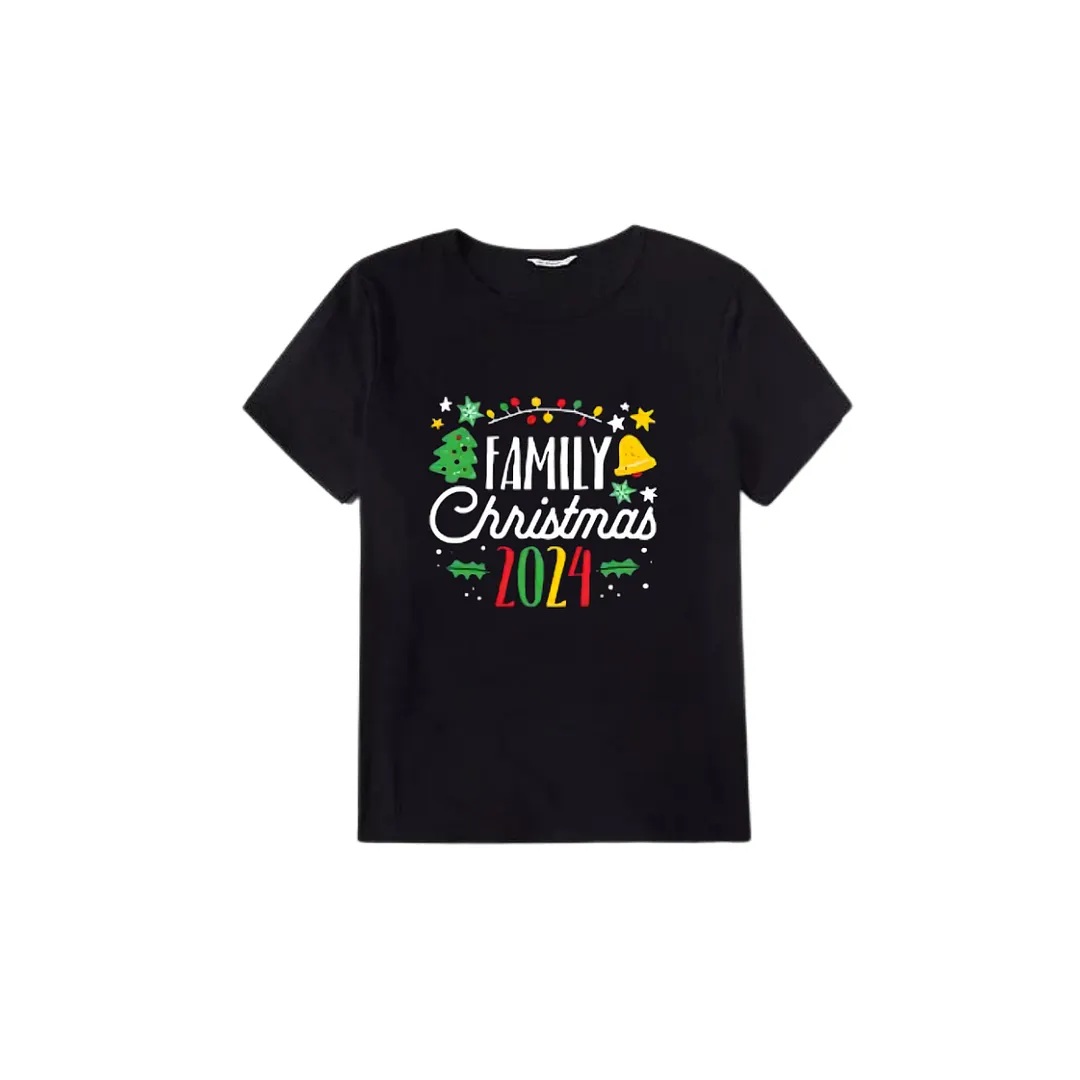 "Family Christmas 2024" Pattern Ⅰ- Black Short Sleeve with Red & Black Plaid Pant Family Matching Pajamas