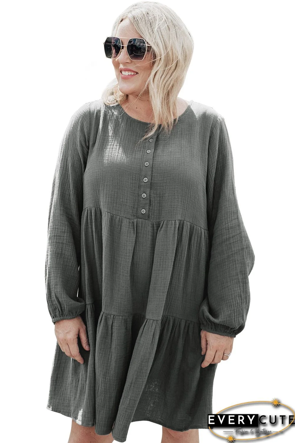 Plus Size Buttoned Long Sleeve Tiered Dress