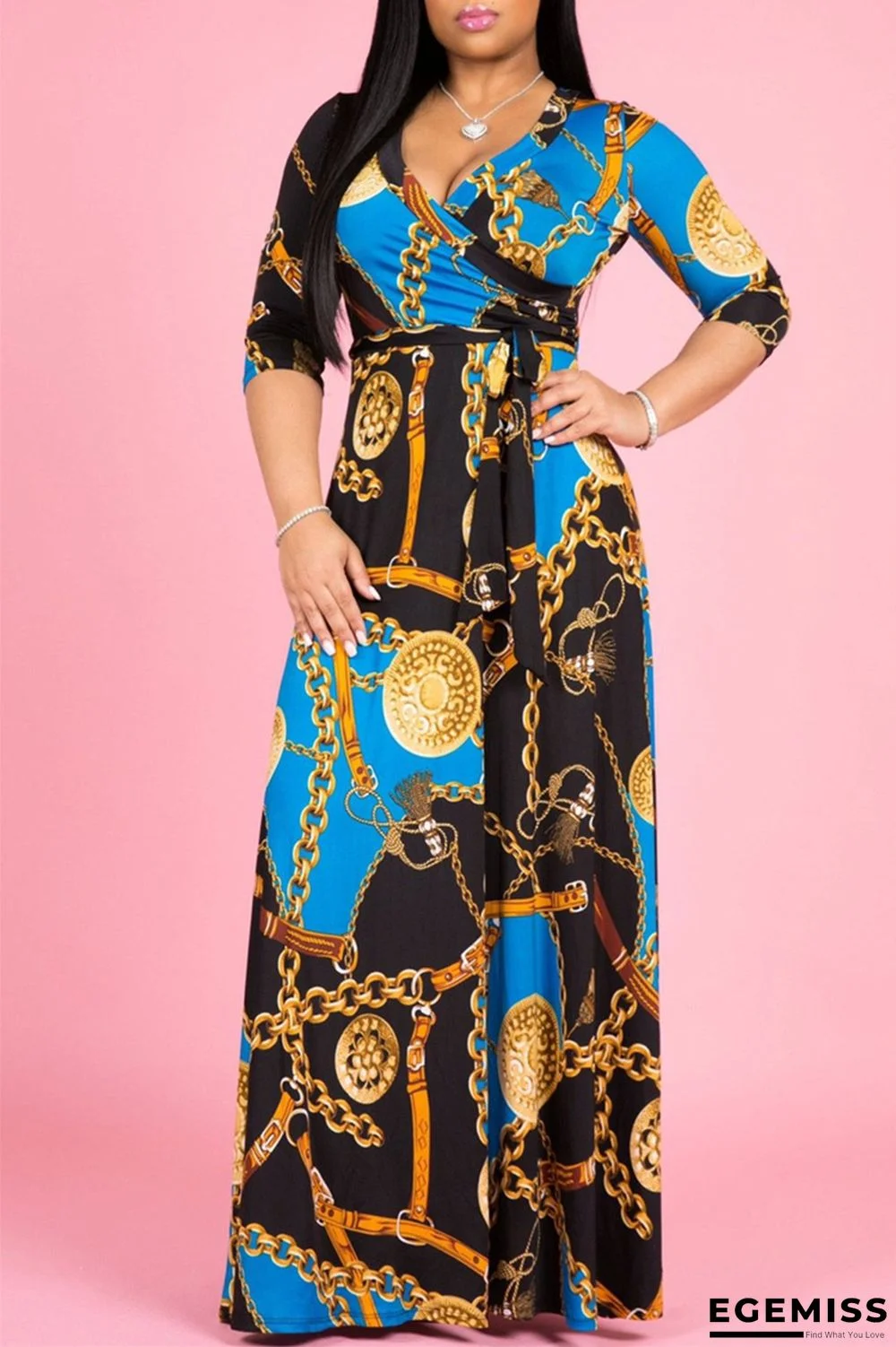 Blue Black Fashion Casual Print Bandage V Neck Long Sleeve Dresses | EGEMISS
