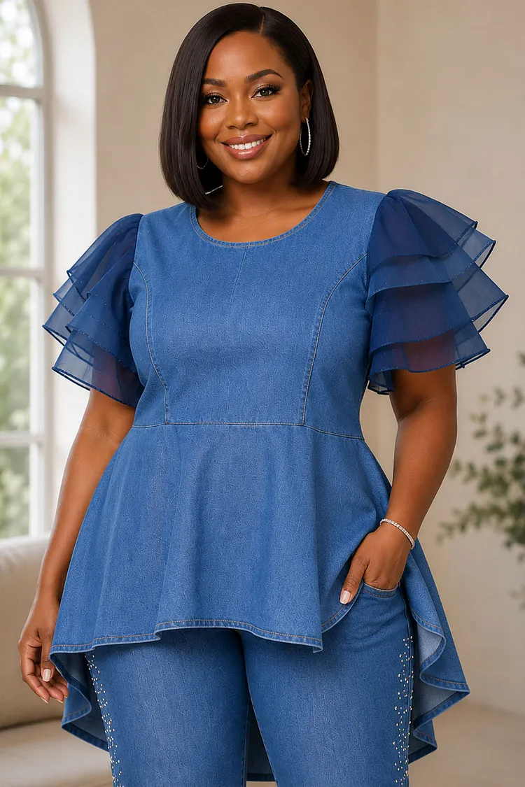 Xpluswear Design Plus Size Business Casual Tulle Blue Round Neck Short Sleeve Ruffle Asymmetric Hem Irregular Hem Tencel Denim Blouses [Pre-Order] 2024 - Xpluswear