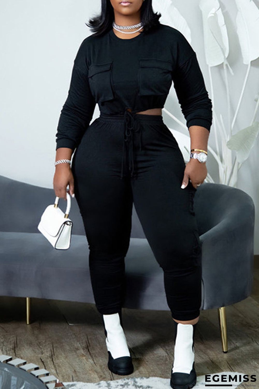 Black Fashion Casual Solid Bandage Patchwork O Neck Long Sleeve Two Pieces | EGEMISS