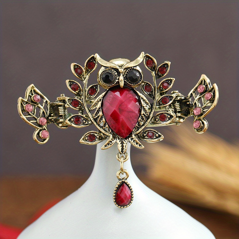 Vintage Alloy Hair Claw Rhinestone Owl Shaped Hair Clip With Tassel Elegant Hair Accessories For Ponytail Holder Women   Hair Clip