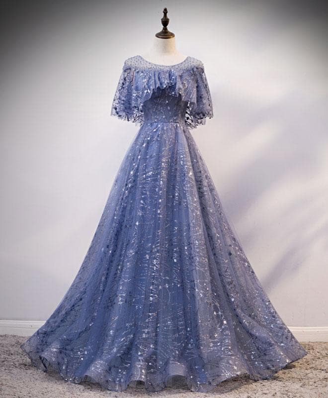 Unique Round Neck Tulle Lace Long Prom Dress Blue Lace Evening Dress A012