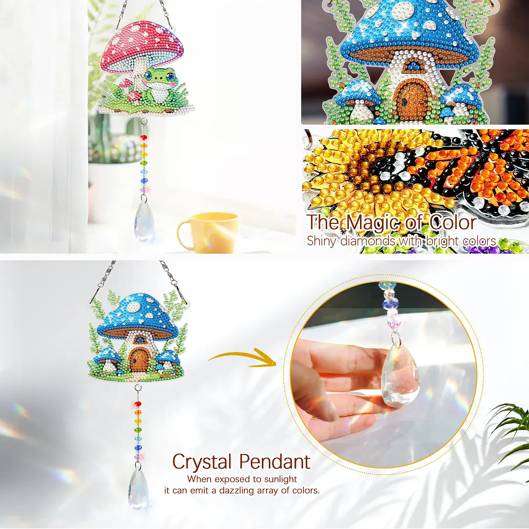 2Pcs Mushroom House DIY Double-Sided Diamond Painting Hanging Kits Diamond Painting Suncatcher Craft Kit for Home Garden Wall Decor Gift