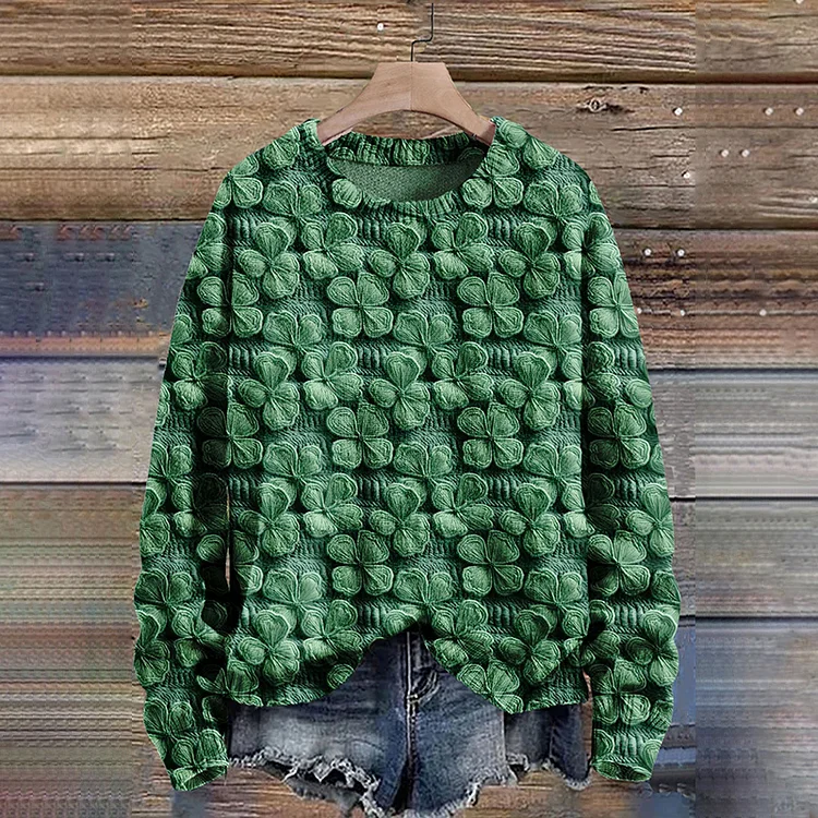 Wearshes St. Patrick's Day Four Leaf Clover Art Print Knit Pullover Sweater