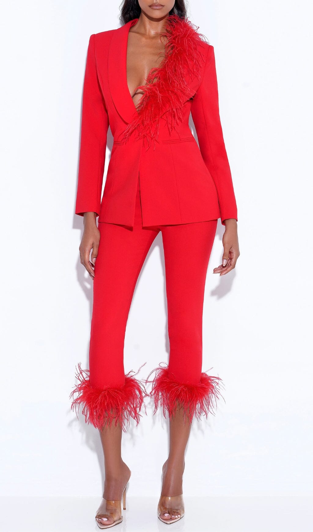 Red Blazer Suit With Feather Trim
