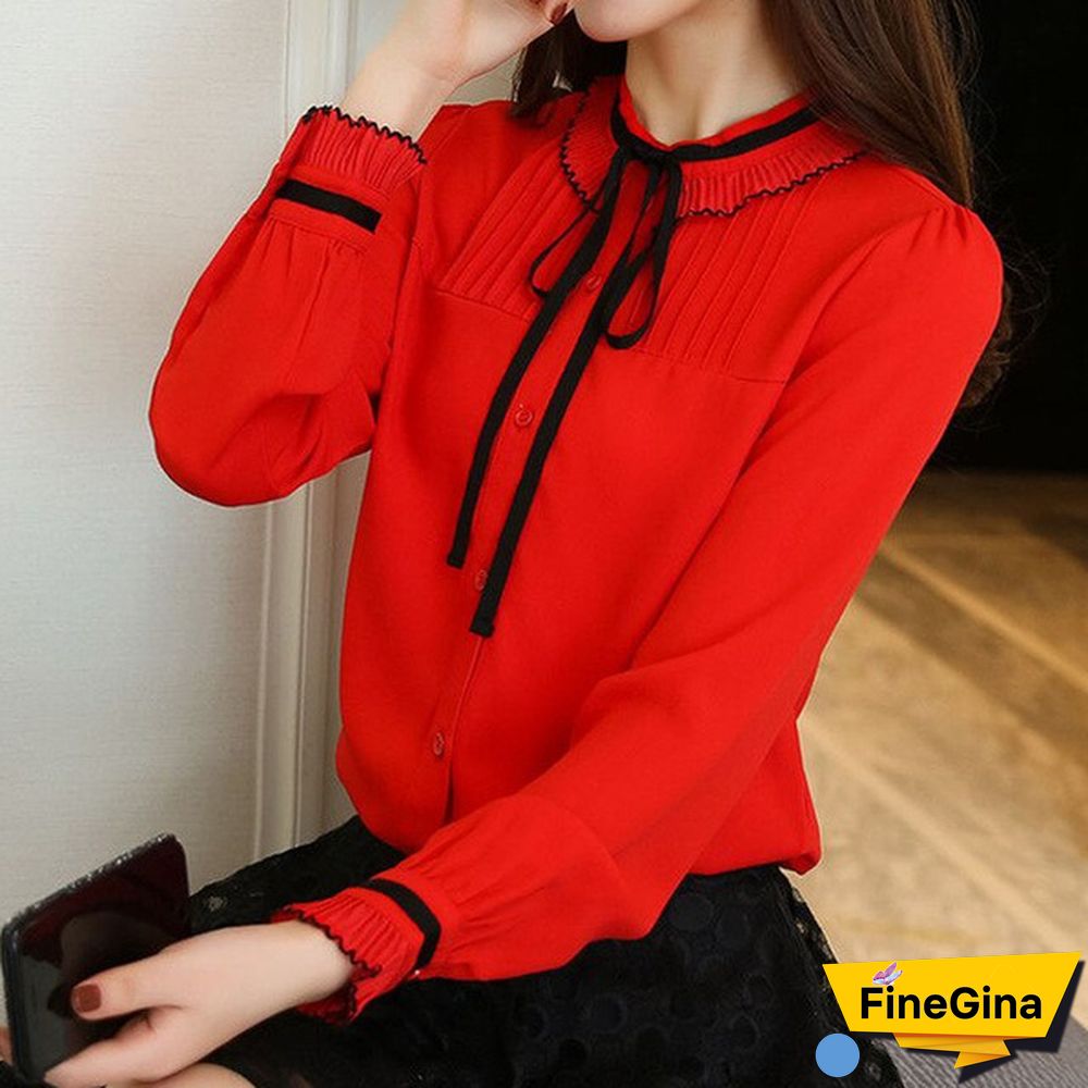Spring Autumn Women Long-sleeved Bow Tie Chiffon Blouses Female Pleated Ruffle Bottoming Shirt Stand Collar Sweet Tops