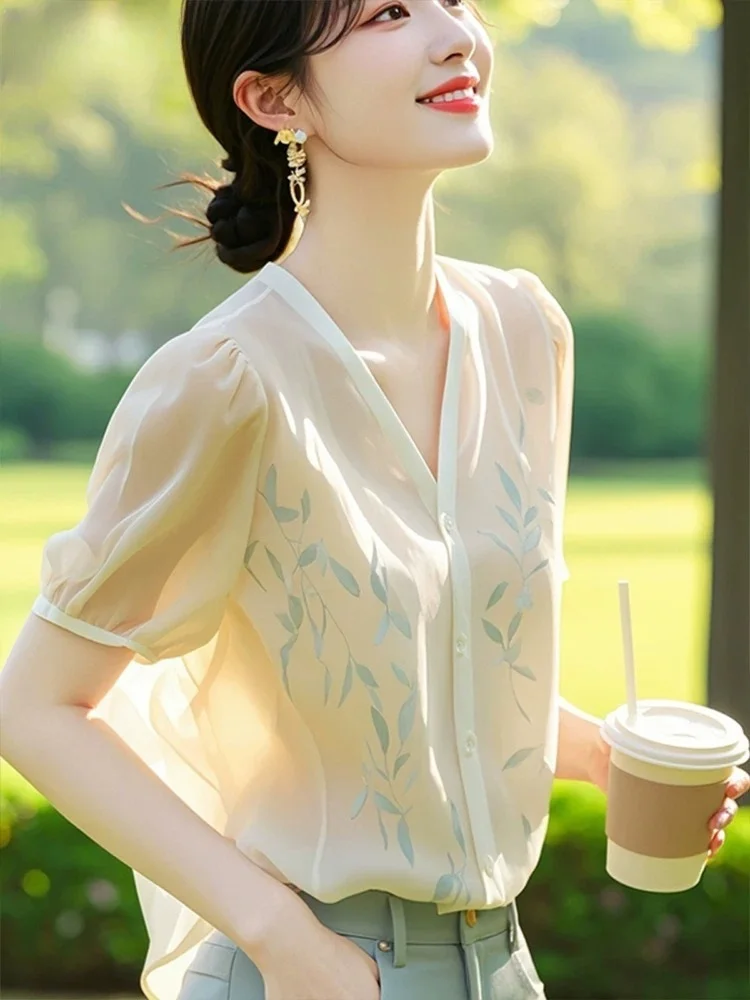 Athvotar Athvotar Small Fresh Short Sleeve Chiffon Shirt Women's Summer 2025 New Temperament Elegant Printed Shirt V Collar Top