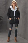 Women's Winter Black Lapel Collar Button Fleece Jacket