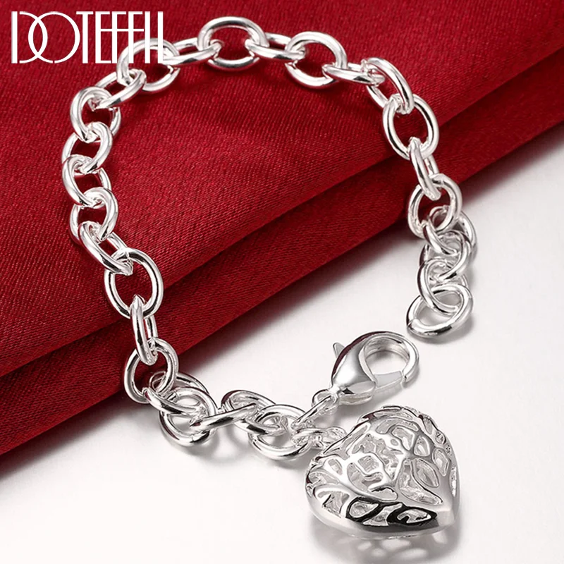 DOTEFFIL 925 Sterling Silver Hollow Heart Pendant Bracelet For Woman Jewelry 