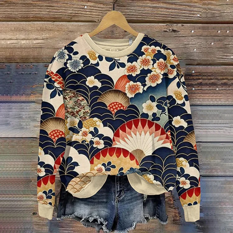 Comstylish Vintage Japanese Art Printed Casual Round Neck Sweatshirt