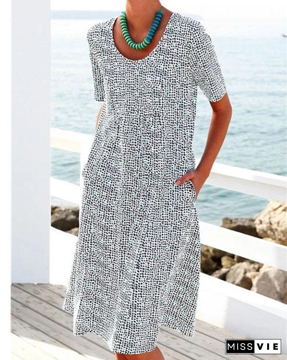 Summer Printed Midi Dress Crew Neck Dresses