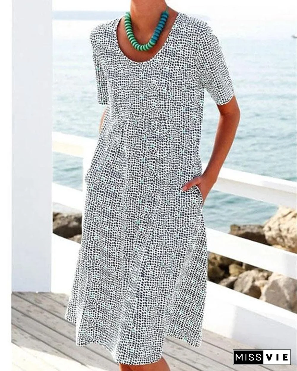 Summer Printed Midi Dress Crew Neck Dresses