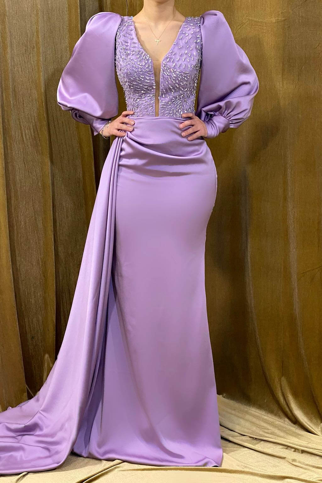 Chic Lilac Bubble Sleeves V-Neck Mermaid Evening Gown With Crystals Beadings Ruffles - lulusllly