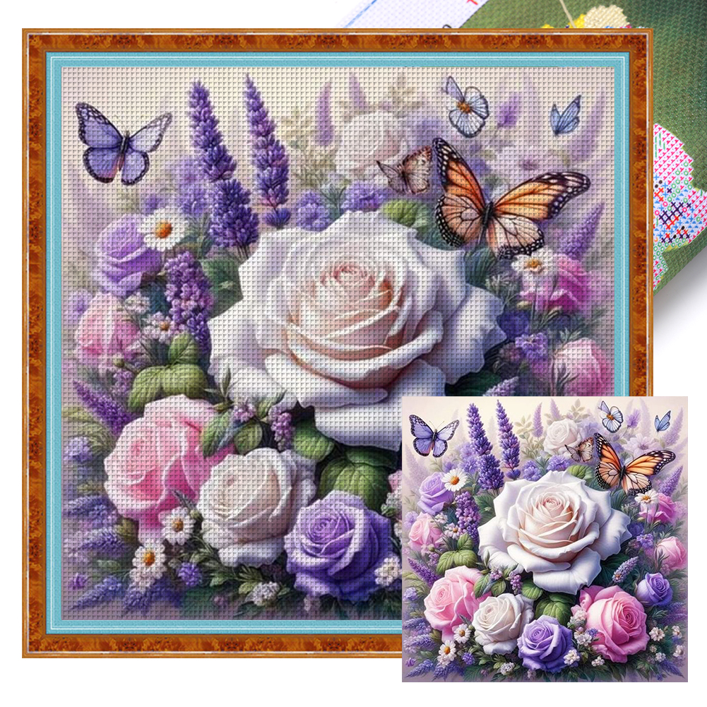 Rose Butterfly Full 11CT Pre-stamped Canvas(45*45cm) Cross Stitch