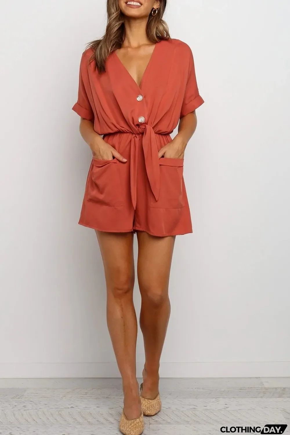Drawstring Waist V-Neck Knotted Romper