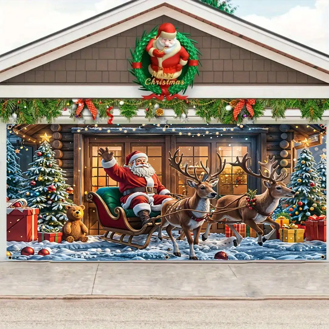 Tegooe Festive Christmas Garage Door Banner - Santa Sleigh Reindeer Holiday Decoration Multiple Sizes
