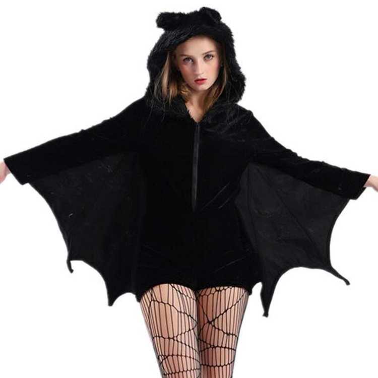 Dark Devil Stockings Bat Ear Hooded Zipper Front Dress Two Pieces