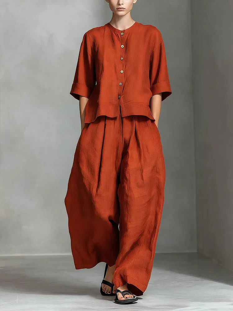 Women's Solid Color Round Neck 3/4 Sleeve Casual Loose Cotton Linen Top And High Waist Wide-leg Pants Cotton Linen Set