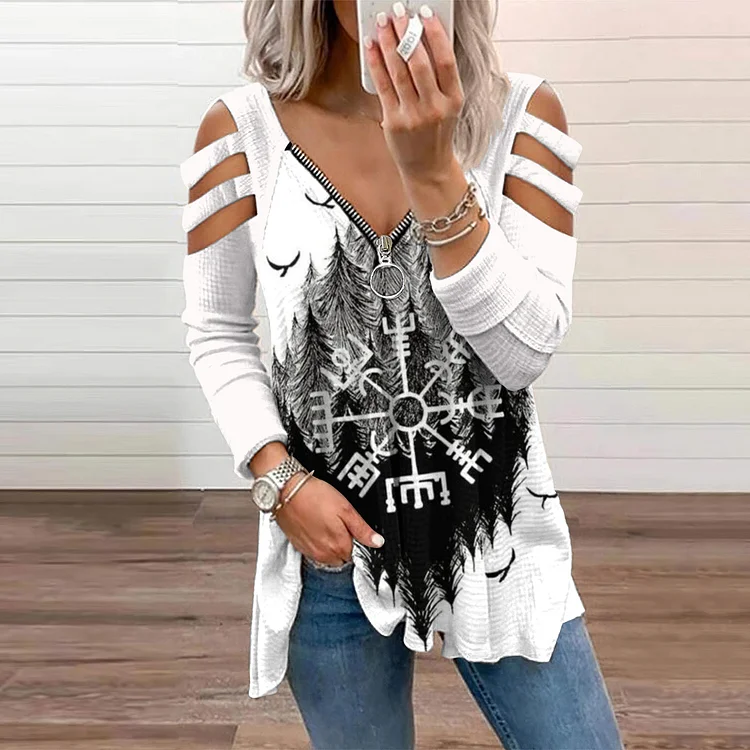 Women's Tribal Landscape Pattern Hollow Out Zipper Casual T-Shirt