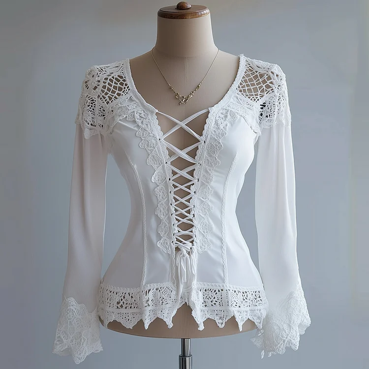 Ursime Lace Hollow Out Lace-Up Long Sleeve Blouse