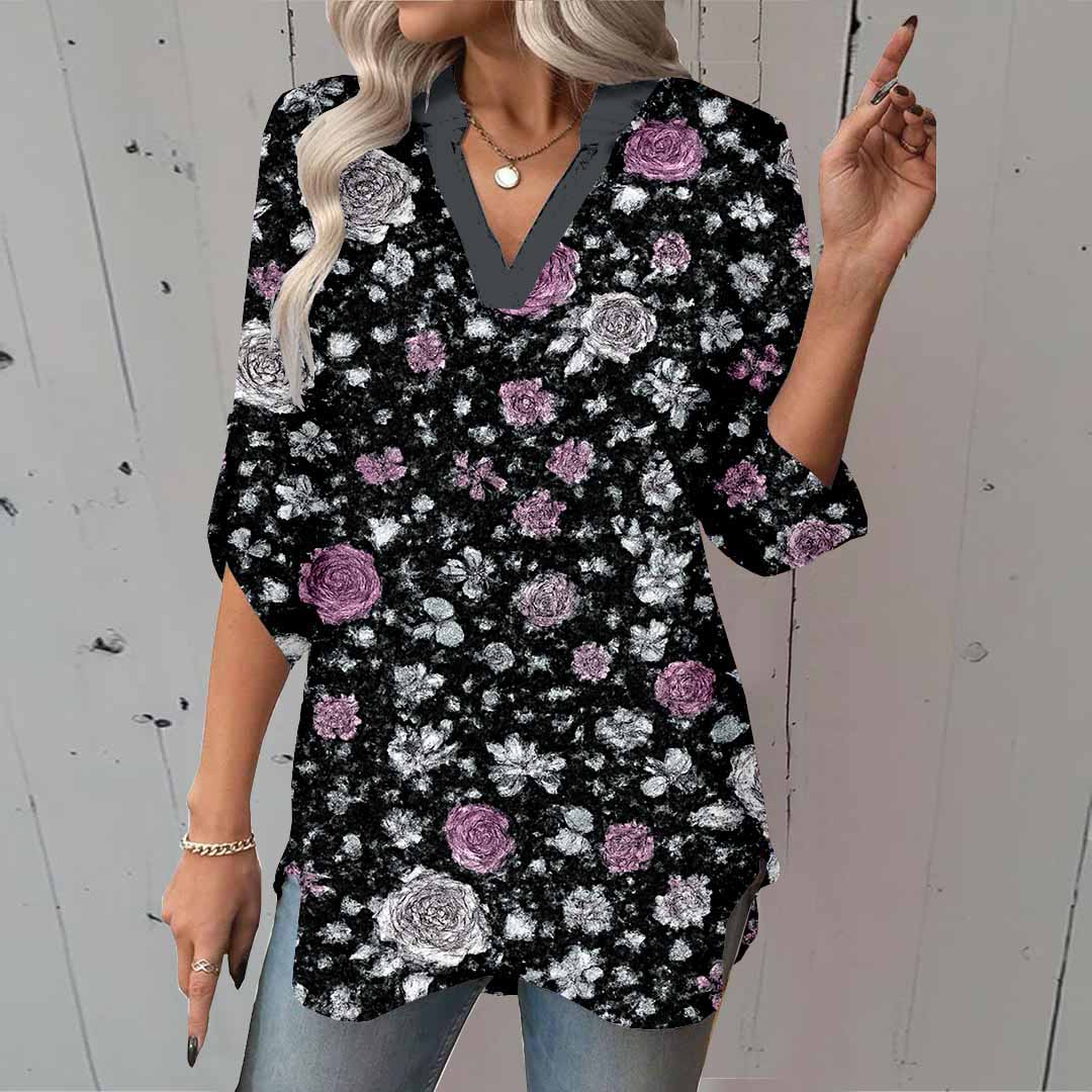 Women Floral,Purple DZGA0031 3/4 Sleeve V-neck Printed Graphic Button Tops
