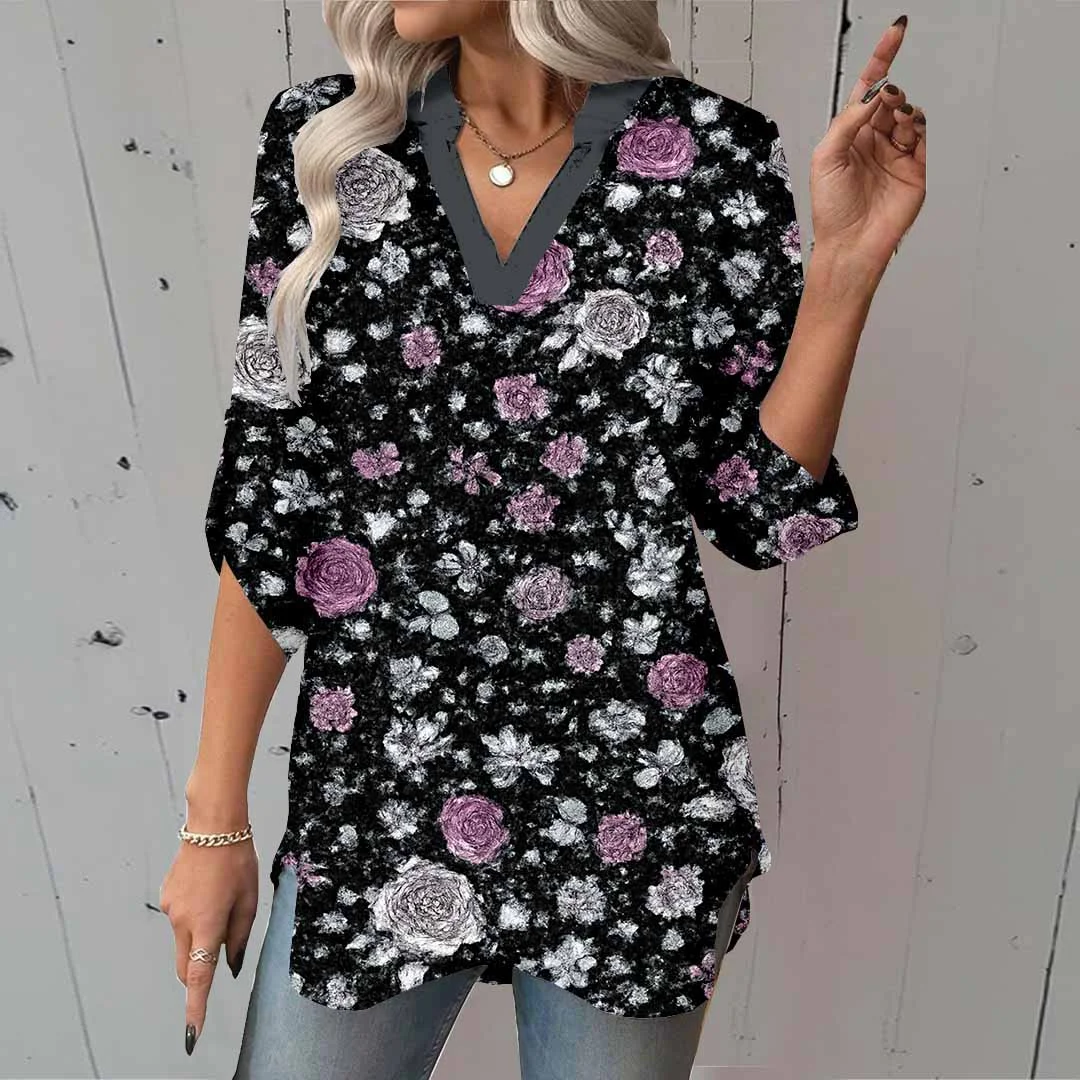 Women Floral,Purple DZGA0031 3/4 Sleeve V-neck Printed Graphic Button Tops