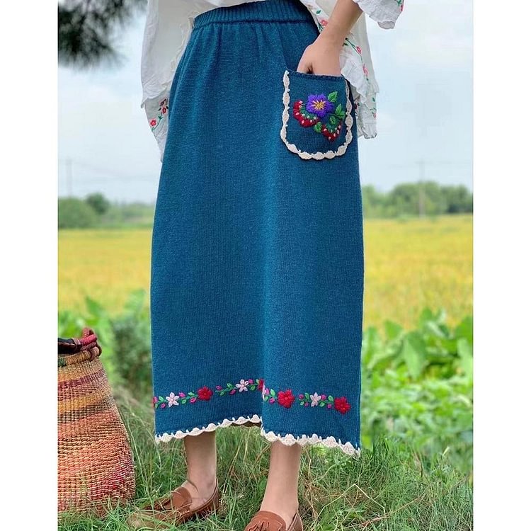 Queenfunky cottagecore style Wool Embroidered Skirt With Cute Pocket QueenFunky