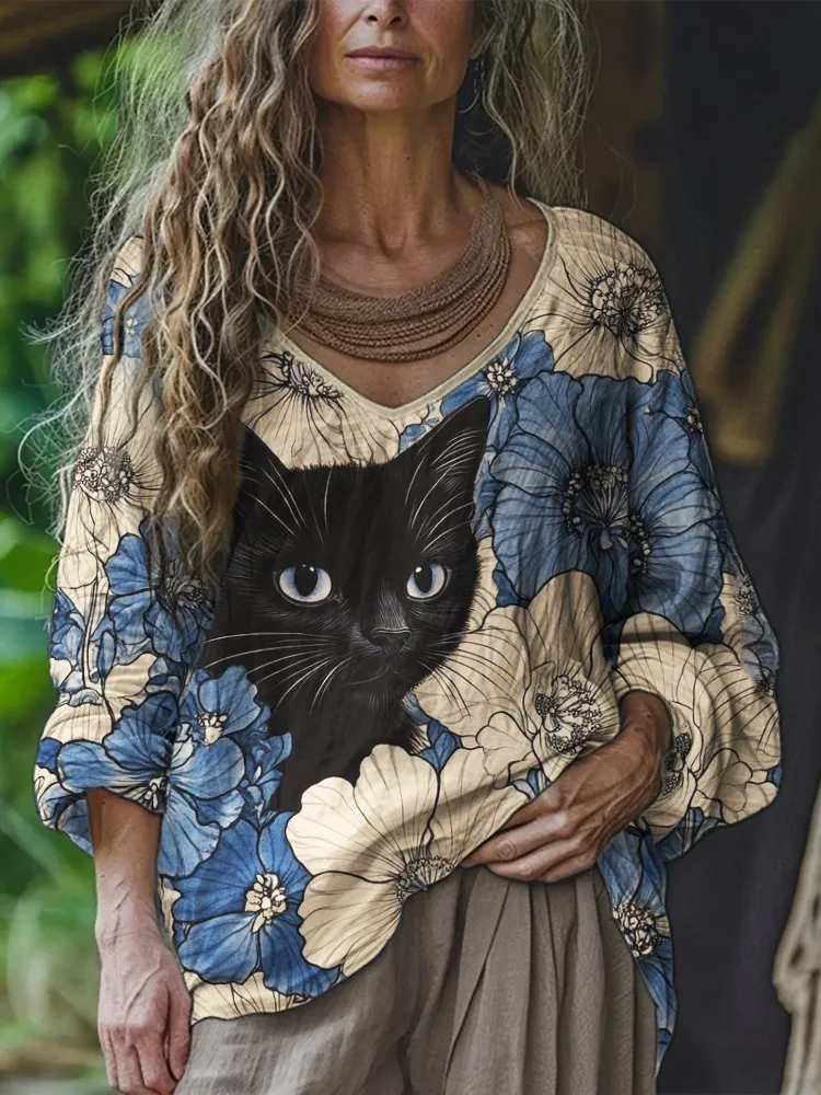 Black Cat Floral Art Linen Blend Tunic
