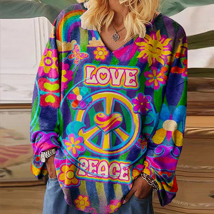 Hippie Liebe Und Frieden Druck Casual T-Shirt