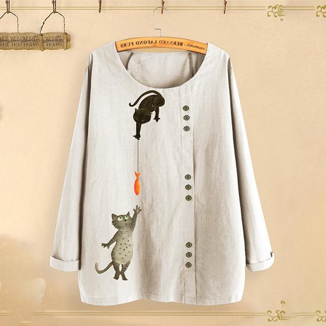 Cat Fish Print Shirt Round Neck Long Sleeve Cotton Linen Casual Blouse